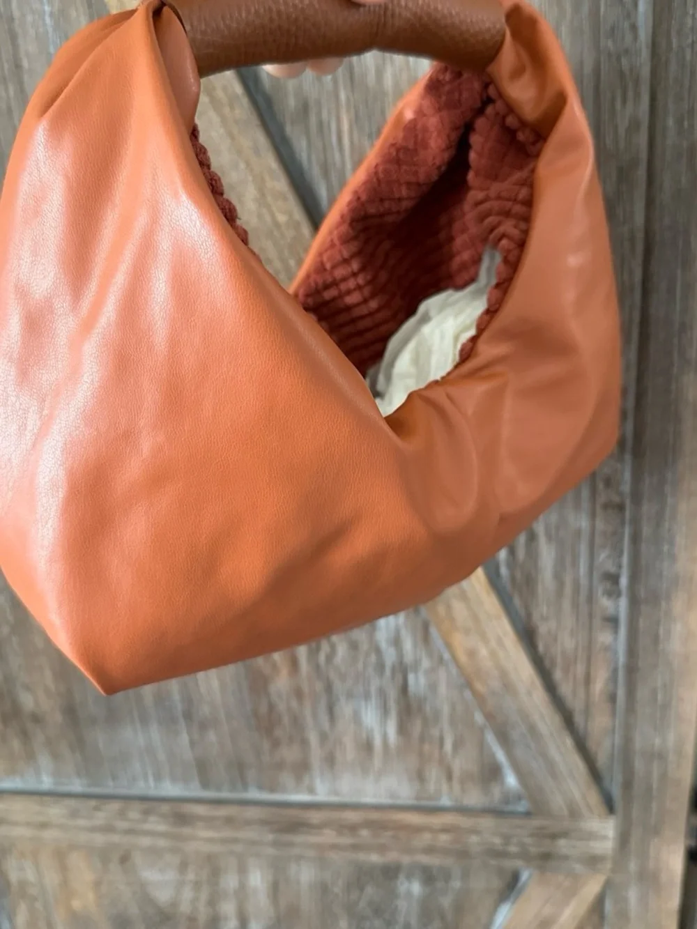 Rust Orange Soft Leather Hobo Bag with Braided Lining Detail